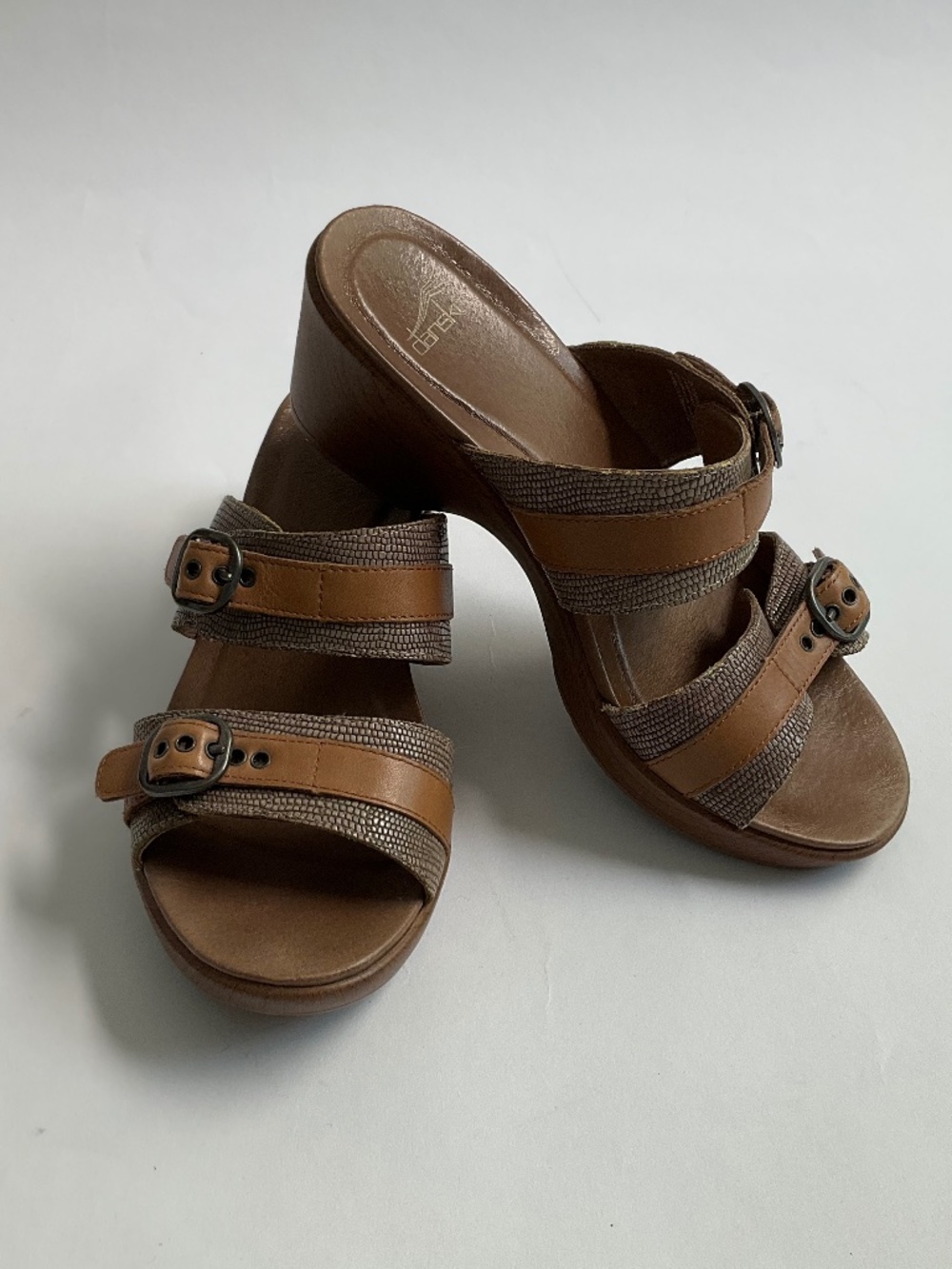 Dansko Jessie Lizard Leather Wedge Sandals Double Strap Slip On Size EU 38